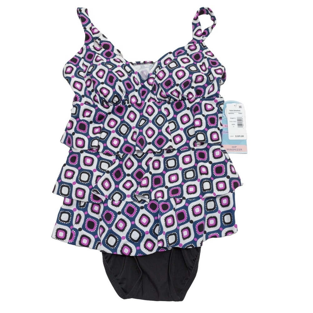 Swim Solutions Women Size 10 One Piece Swimsuit Purple New Ruffle Geometric Suit